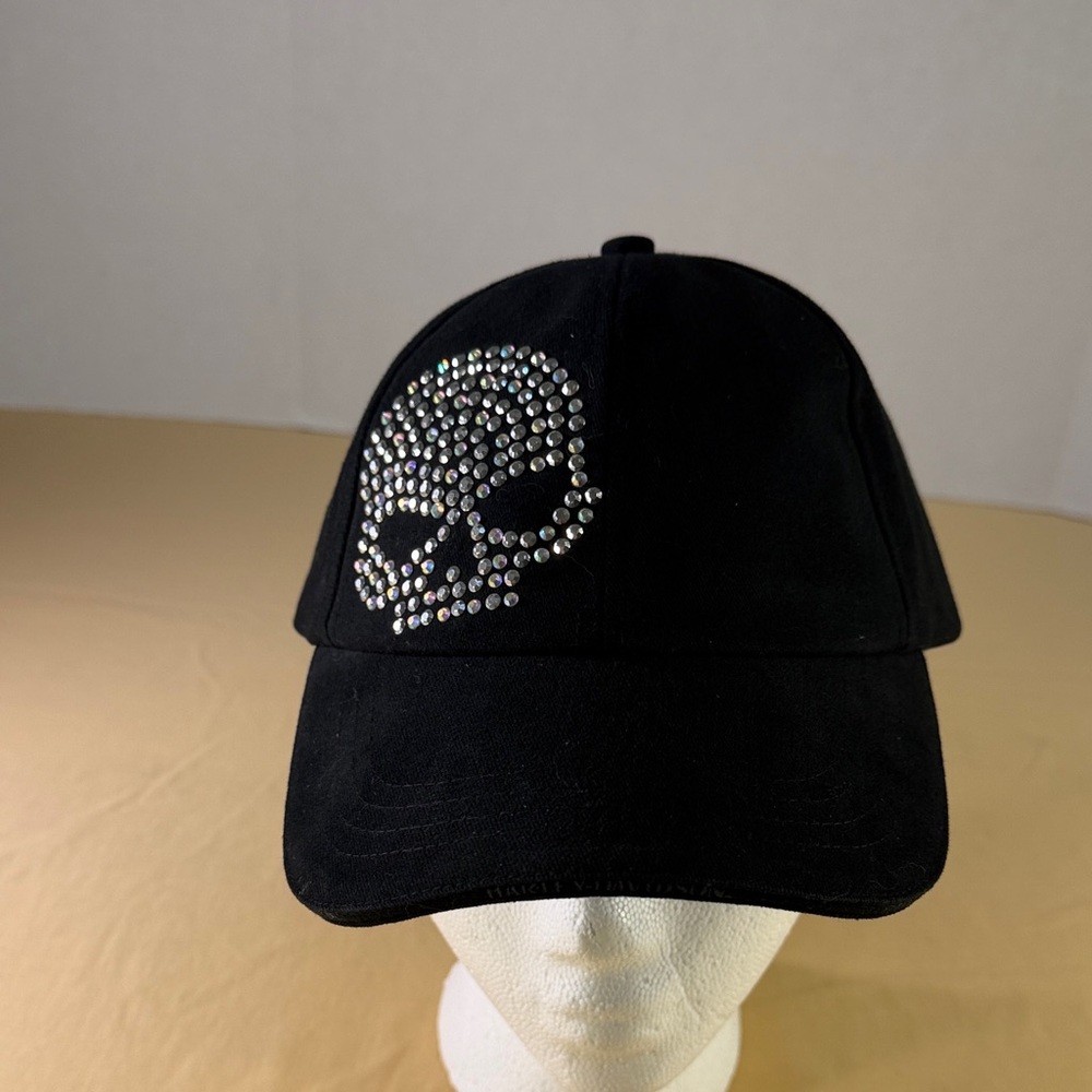 Women’s Harley Davidson, black baseball cap with rhinestone skull